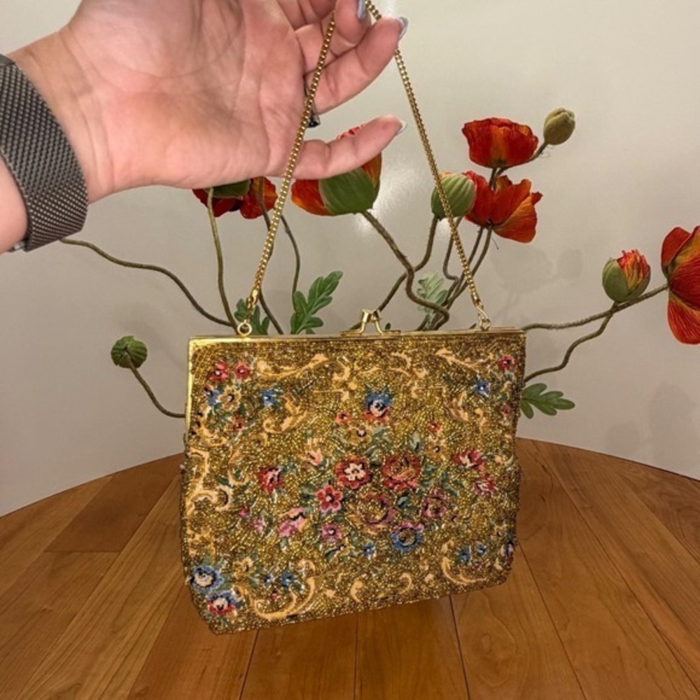 Du-Val Handmade Hong Kong Gold Beaded Floral Tapestry Evening Bag Clutch